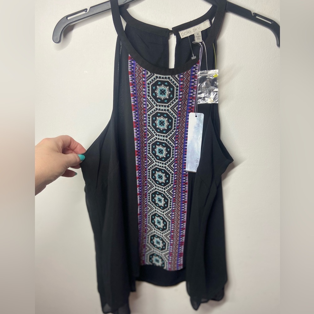 Black Tank Top with Aztec Embroidered Panel